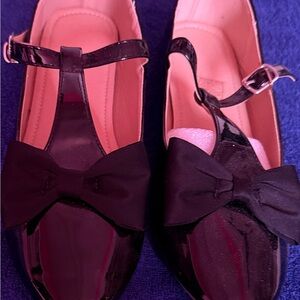 SHEIN Black Patent T-Strap Flats with Black Bow